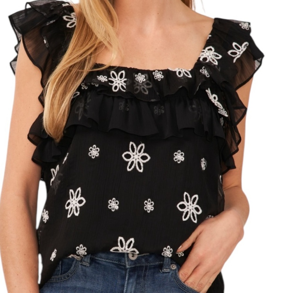 CeCe Black with White Floral Embroidery/Eyelet Square Neck Ruffle Detail…